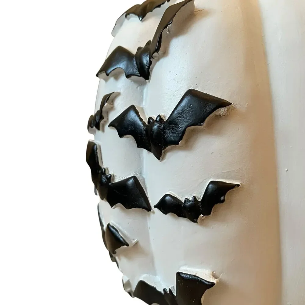 Black Flying Bats White Resin Pumpkin 12in Hauntingly Chic Halloween Decor NEW